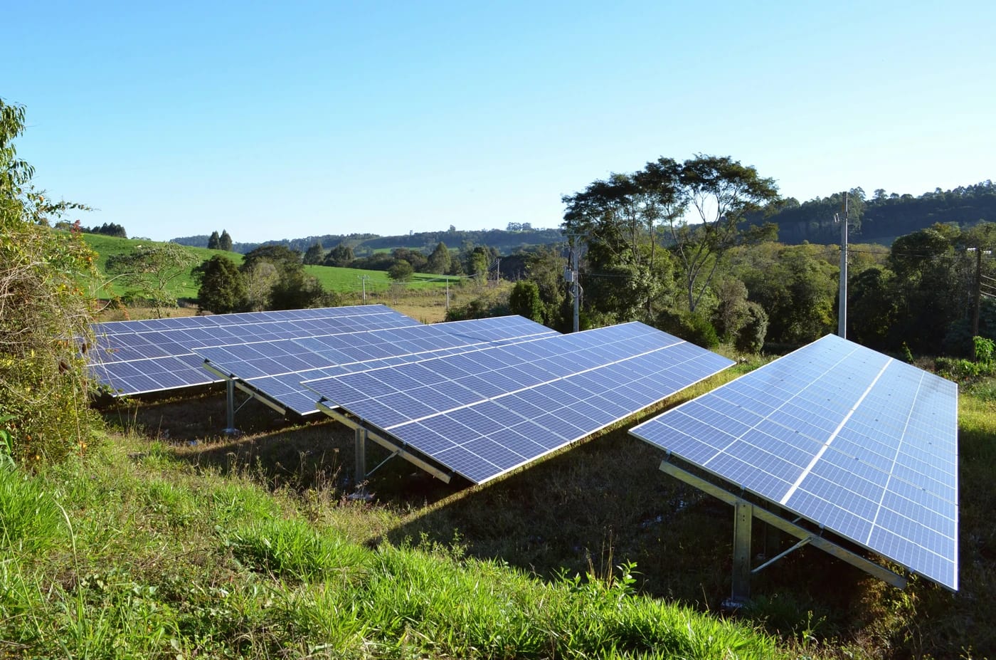 Panneaux photovoltaïques installés au sol dans un paysage vallonné