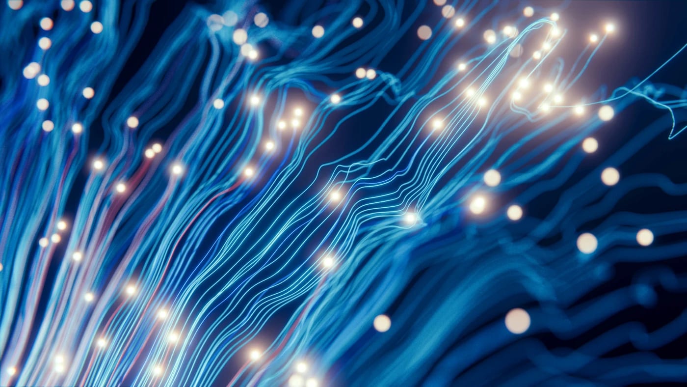 Faisceau de fibres optiques lumineuses, image des flux de données